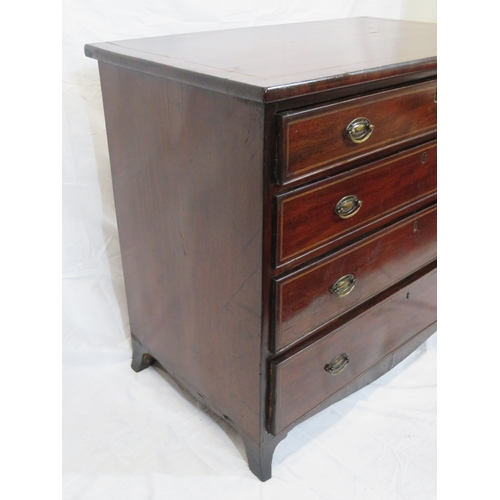 75 - Edwardian inlaid mahogany chest of 4 graduating drawers with oval brass drop handles, on bracket fee... 