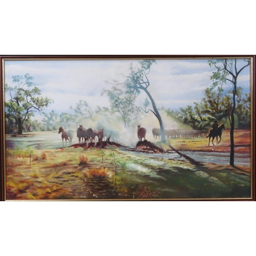 11 - Buck Taylor 'Horses & cattle' oil on board 40x701cm, signed