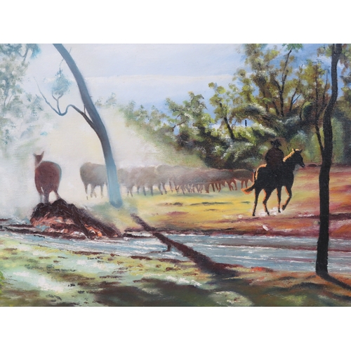 11 - Buck Taylor 'Horses & cattle' oil on board 40x701cm, signed