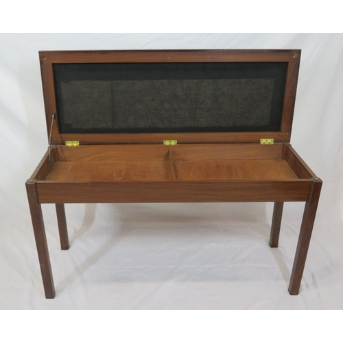 69 - Edwardian style mahogany duet or window seat with upholstered lift-up lid, on square legs