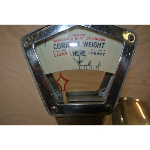 72 - Vandome & Hart London weighing scales with scoop & round weights