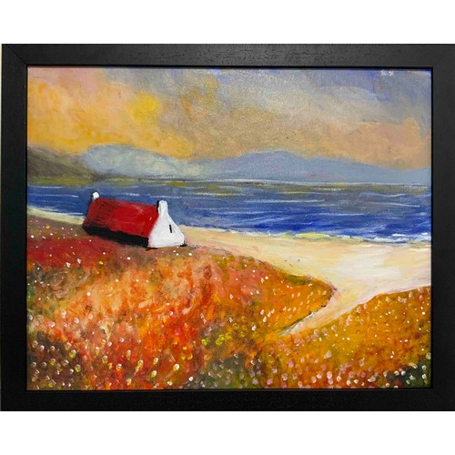 57 - 'Farmhouse on strand' acrylic on board, 55 x 45cm