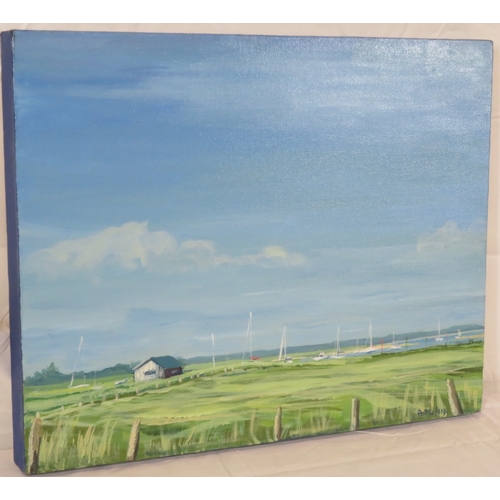 35 - Angela Nelson 'Moored boats, Newtown' oil on canvas, 36x46cm, signed