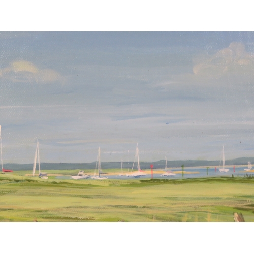 35 - Angela Nelson 'Moored boats, Newtown' oil on canvas, 36x46cm, signed