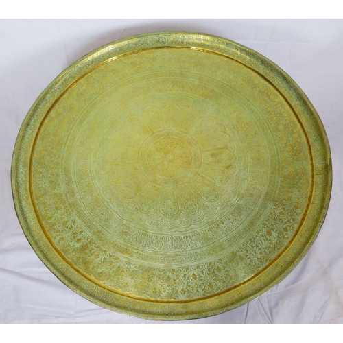 84 - Large round Benares brass tray table with folding base