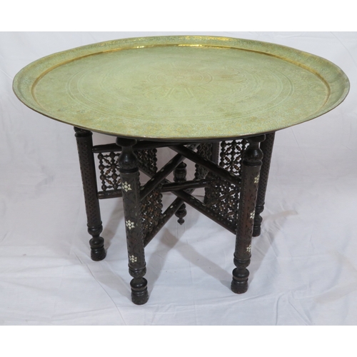 84 - Large round Benares brass tray table with folding base