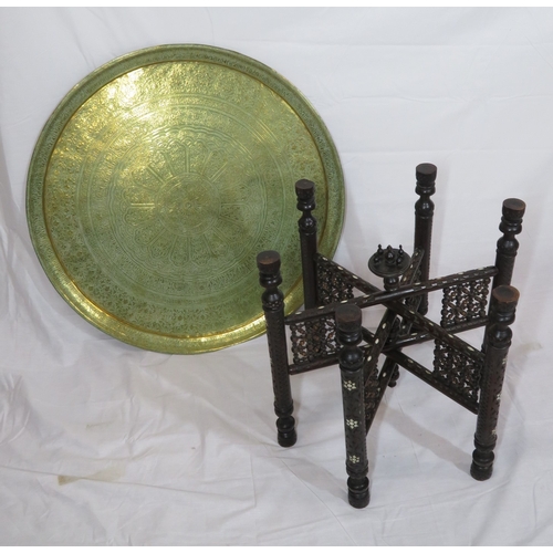 84 - Large round Benares brass tray table with folding base