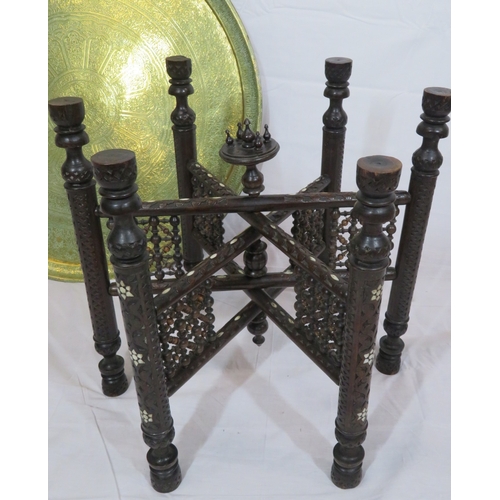 84 - Large round Benares brass tray table with folding base