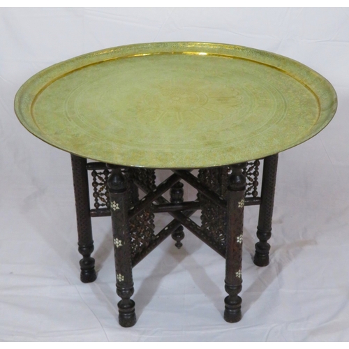 84 - Large round Benares brass tray table with folding base