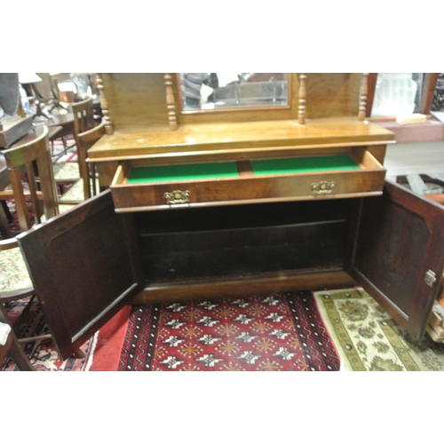 85 - Victorian mahogany chiffonier sideboard with shaped scroll decorated tray back, with bevelled mirror... 