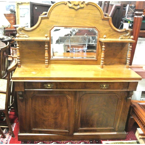85 - Victorian mahogany chiffonier sideboard with shaped scroll decorated tray back, with bevelled mirror... 