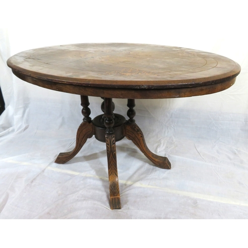 Victorian style inlaid mahogany oval centre table with quadruple ...