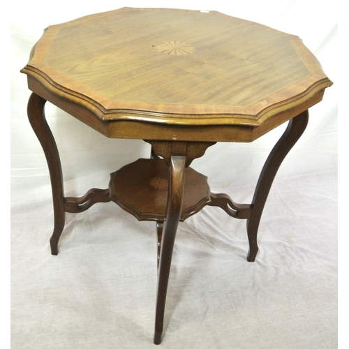 119 - Edwardian inlaid and crossbanded mahogany occasional table with wavy borders, shaped legs and stretc... 