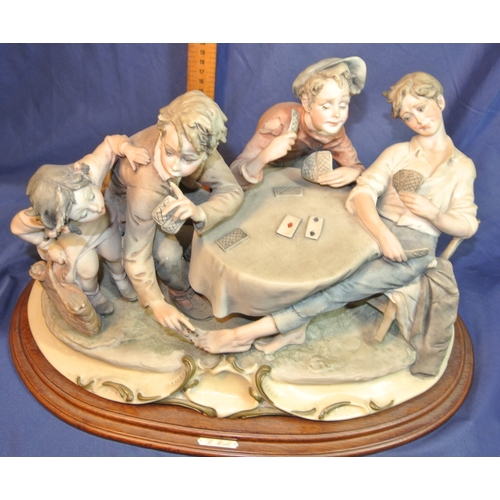 127 - Ornate Capodimonte group of card players, on scroll decorated base on timber stand
