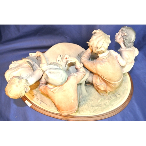 127 - Ornate Capodimonte group of card players, on scroll decorated base on timber stand
