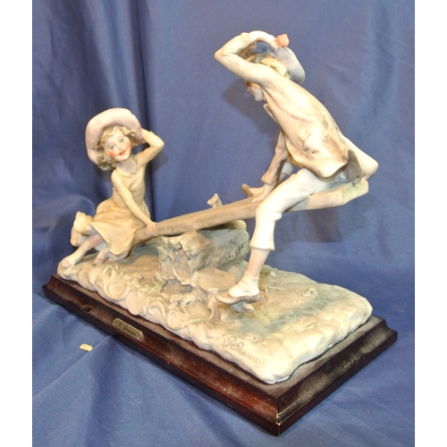 128 - Ornate Capodimonte group 'See-saw', with ornate foliate decoration