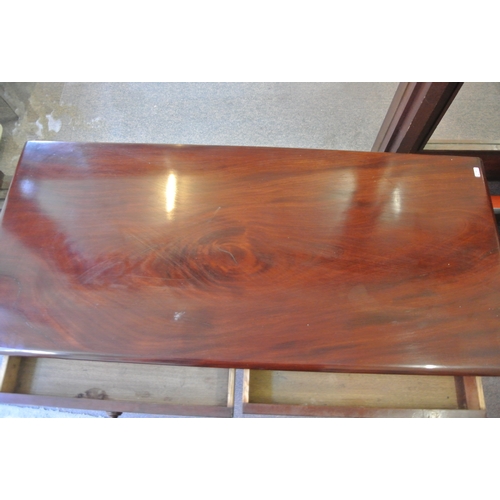 130 - Victorian style mahogany hall or side table with 2 frieze drawers, bun handles, shaped columns, oblo... 