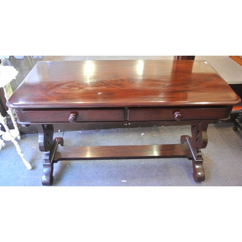 130 - Victorian style mahogany hall or side table with 2 frieze drawers, bun handles, shaped columns, oblo... 