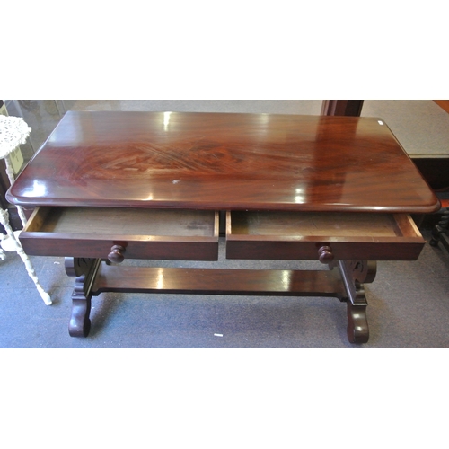 130 - Victorian style mahogany hall or side table with 2 frieze drawers, bun handles, shaped columns, oblo... 