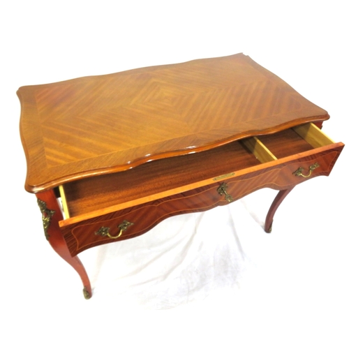 140 - Louis XV style inlaid crossbanded serpentine fronted desk with wavy borders, frieze drawer with ormo... 