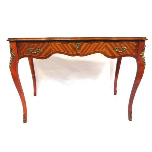 140 - Louis XV style inlaid crossbanded serpentine fronted desk with wavy borders, frieze drawer with ormo... 