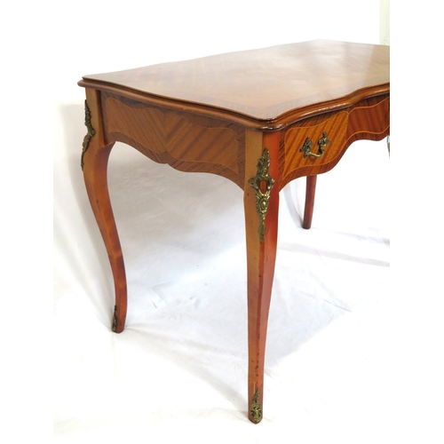 140 - Louis XV style inlaid crossbanded serpentine fronted desk with wavy borders, frieze drawer with ormo... 