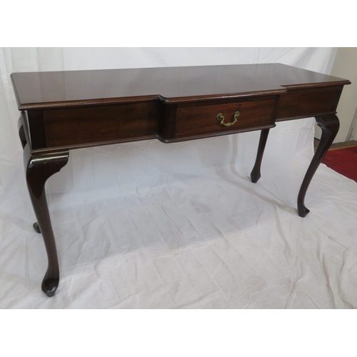 145 - Victorian design mahogany breakfront sideboard with frieze drawer, brass drop handle, on cabriole le... 