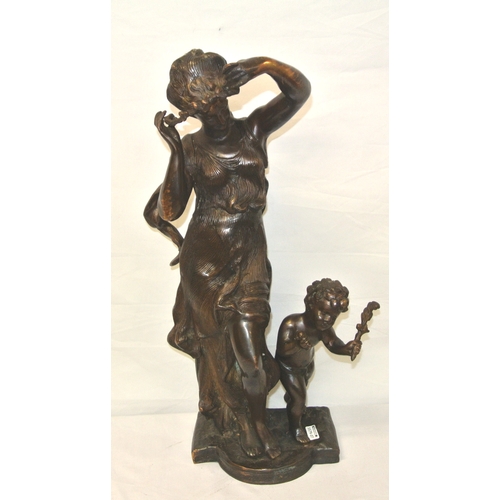 153 - French style bronzed figure of a lady with flowers, & a cherub, on shaped base