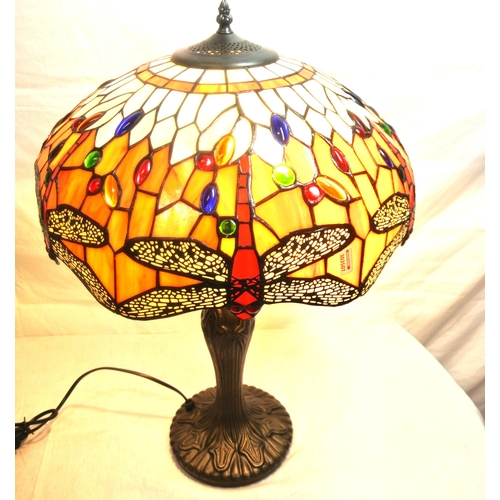 157 - Art deco style electric lamp with multi-coloured butterfly decorated shade, baluster shaped bronzed ... 