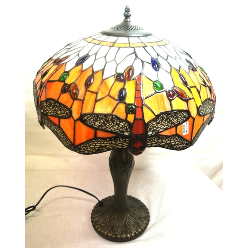 157 - Art deco style electric lamp with multi-coloured butterfly decorated shade, baluster shaped bronzed ... 