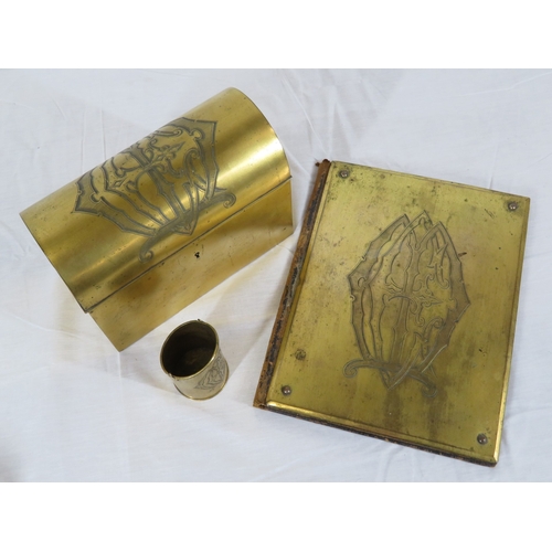 169 - Edwardian style brass desk set with domed stationery box, pad and pen holder, with heraldic decorati... 