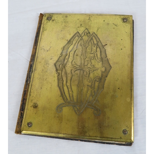 169 - Edwardian style brass desk set with domed stationery box, pad and pen holder, with heraldic decorati... 