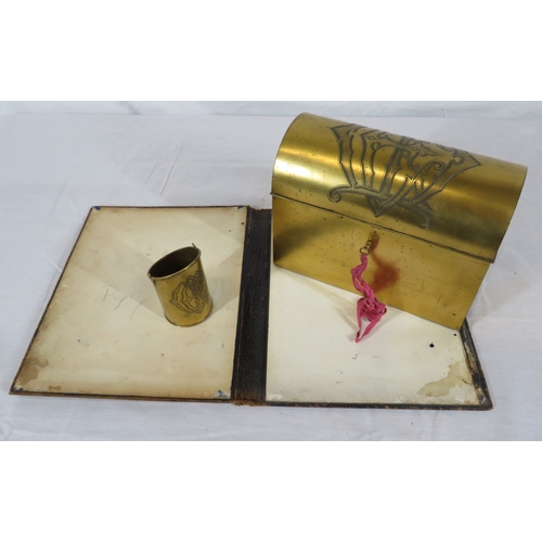 169 - Edwardian style brass desk set with domed stationery box, pad and pen holder, with heraldic decorati... 