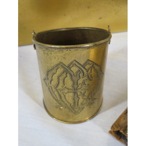 169 - Edwardian style brass desk set with domed stationery box, pad and pen holder, with heraldic decorati... 