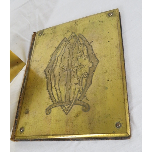 169 - Edwardian style brass desk set with domed stationery box, pad and pen holder, with heraldic decorati... 