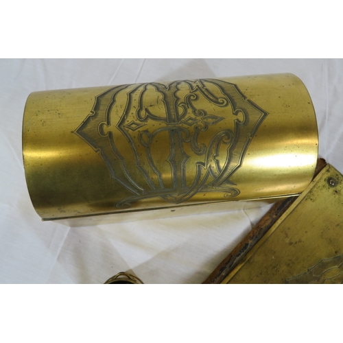 169 - Edwardian style brass desk set with domed stationery box, pad and pen holder, with heraldic decorati... 