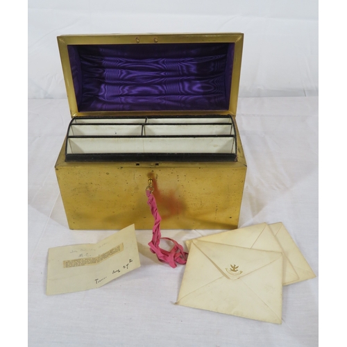 169 - Edwardian style brass desk set with domed stationery box, pad and pen holder, with heraldic decorati... 