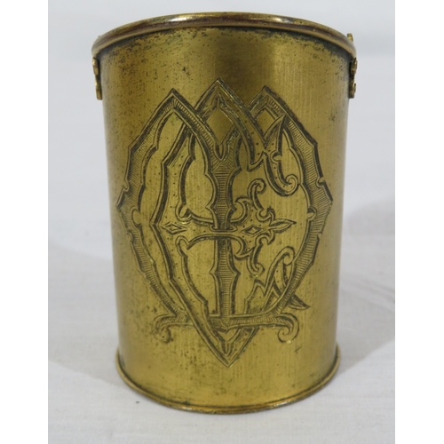 169 - Edwardian style brass desk set with domed stationery box, pad and pen holder, with heraldic decorati... 