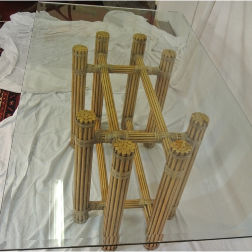 180 - Art Deco style bevelled glass topped oblong conservatory table with tied bamboo lined metal stand