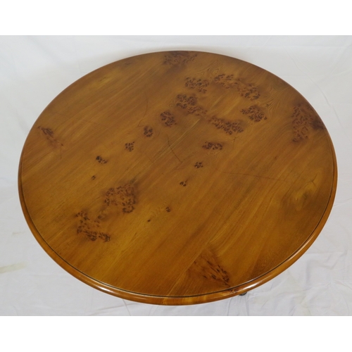 195 - Victorian burr elm topped round occasional table with shaped mahogany column on yew tripod with pad ... 