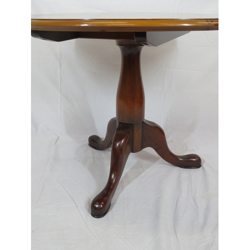 195 - Victorian burr elm topped round occasional table with shaped mahogany column on yew tripod with pad ... 