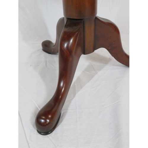 195 - Victorian burr elm topped round occasional table with shaped mahogany column on yew tripod with pad ... 