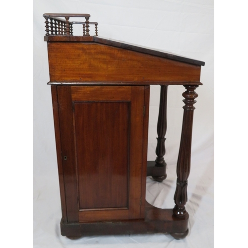 201 - Victorian mahogany davenport with railed back, lid with fitted interior, 4 side drawers with bun han... 