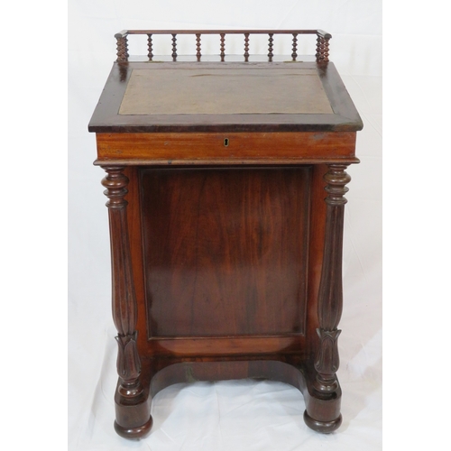 201 - Victorian mahogany davenport with railed back, lid with fitted interior, 4 side drawers with bun han... 
