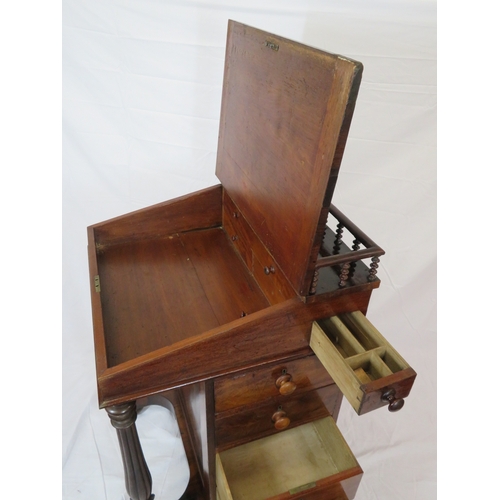 201 - Victorian mahogany davenport with railed back, lid with fitted interior, 4 side drawers with bun han... 