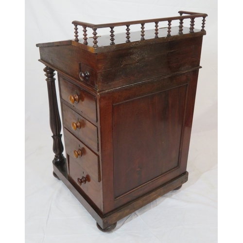 201 - Victorian mahogany davenport with railed back, lid with fitted interior, 4 side drawers with bun han... 