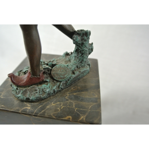 222 - Art deco metal figure of an elf on raised marble base, stamped J B Deposee, Paris