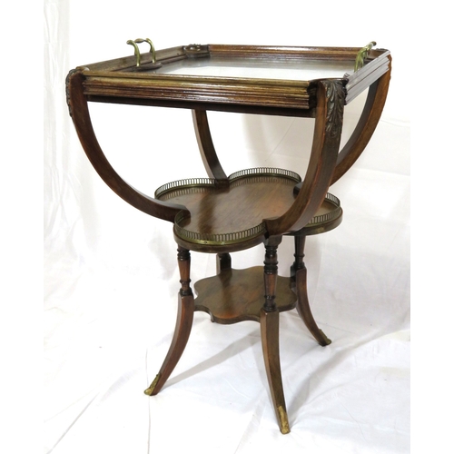 226 - Victorian mahogany 2-tier butlers table with shamrock shaped lower shelf, pierced brass gallery, 2 h... 