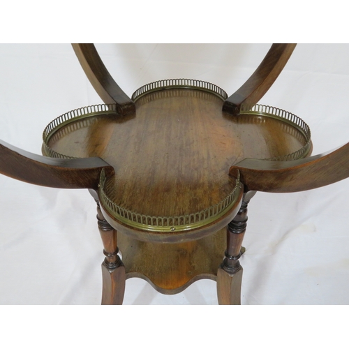 226 - Victorian mahogany 2-tier butlers table with shamrock shaped lower shelf, pierced brass gallery, 2 h... 