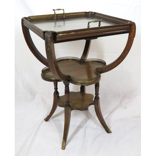 226 - Victorian mahogany 2-tier butlers table with shamrock shaped lower shelf, pierced brass gallery, 2 h... 